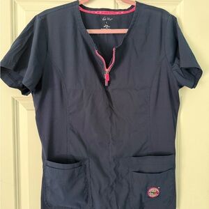 Koi Lite 317 Serenity Navy Blue Scrub Top with Pink Accents